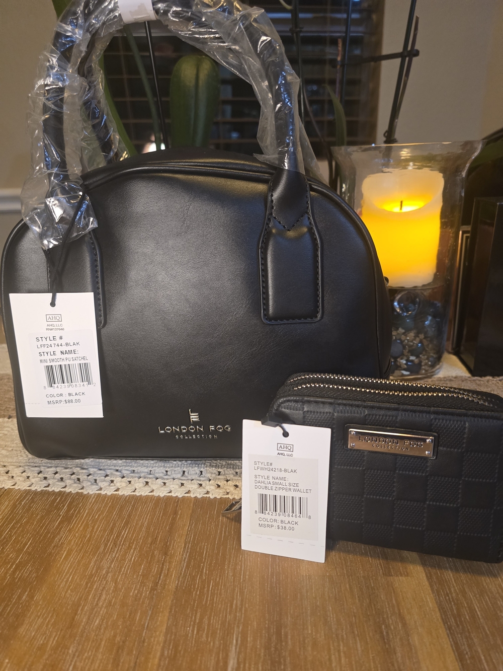 London Fog Black Dome Satchel with Matching Black Zip Wallet